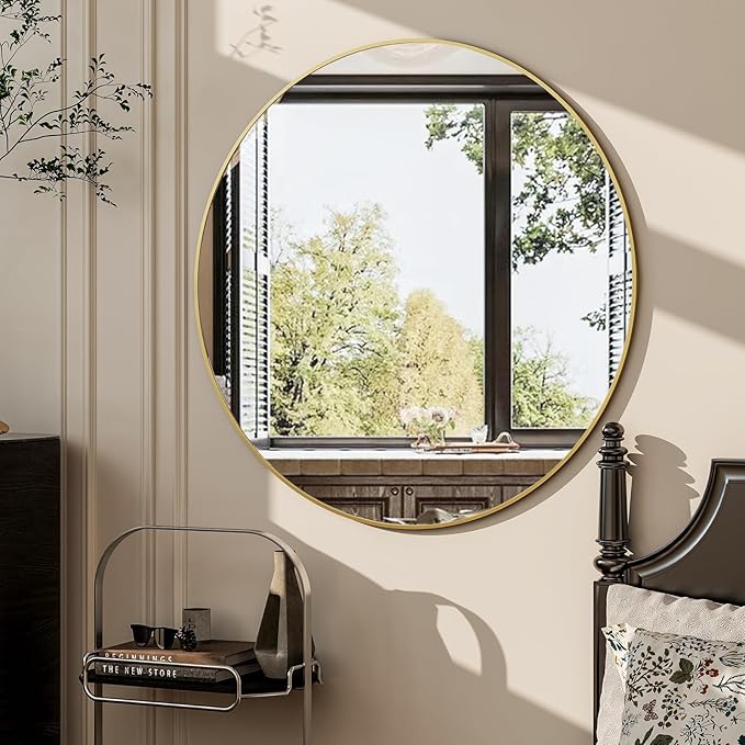 GLSLAND Circle Mirror for Wall 20 inch - Round Mirrors for Bathroom, Entryway, Living Room, Hallway Wall Decor Small Frame Mirror,Gold