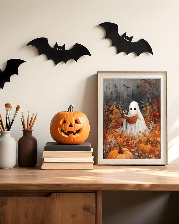 VIYYIEA Framed Wall Art for Living Room, Reading Ghost Canvas Prints, Autumn Home Decor, Halloween Painting Picture, Bathroom Wall Decor Gifts for Friends or Family -【Reading Ghost】-(16L x 12W)
