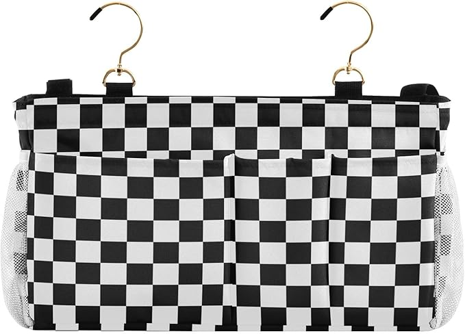 Black White Checkerboard Print Bedside Caddy Storage Bag Bedside Organizer for Bunk Bed Headboards College Organizer Caddy Hanging Shelf 6 Pockets with Hooks for Drinks Magazine Phone Holder