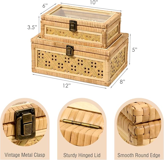 2PCS Decorative Rattan Box Set with Clear Glass Lid Wooden Frame Handmade Boho Natural Wicker Basket Woven Cane Bin Keepsake Memory Jewelry Organizer Rectangular Desk Shelf Closet Container