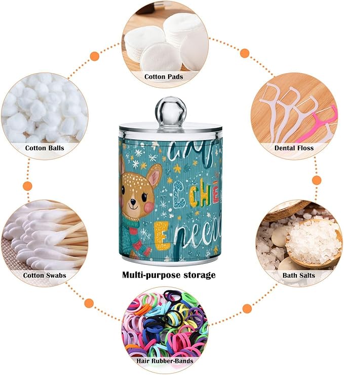2 Pack Apothecary Jars Festive Deer Snowflake Print Bathroom Vanity Storage Organizer Set,Small Clear Plastic Storage Jars Bathroom Canister for Cotton Swabs, Rounds, Balls, Qtips,Makeup Sponge