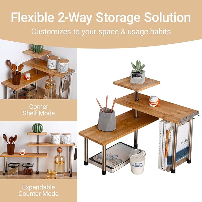 HYNAWIN Bamboo Countertop Shelf Storage Spice Rack, 3 Tier Desktop Shelves Space Saving Organizer, Adjustable Rack