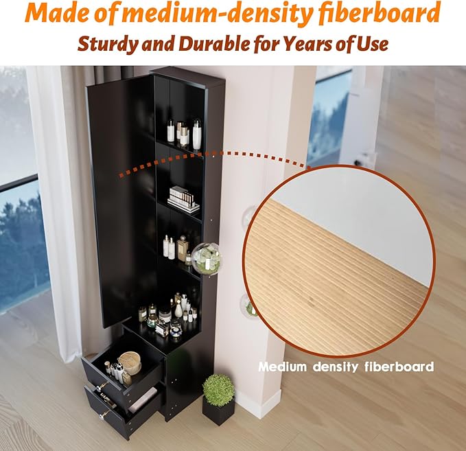 anwickjeff Full-Length Mirror with Storage, Standing Nightstand Mirror Cabinet with 2 Drawers & 4 Shelves, Makeup Storage Organizer, Gift for Women Girls (Black)