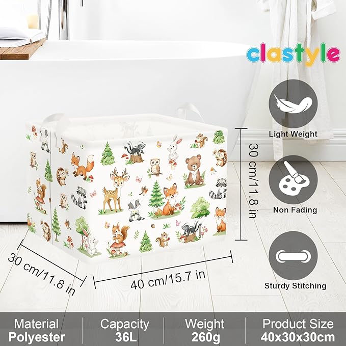 Clastyle Adorable Forest Animal Kids Book Storage Basket Fox Giraffe Clothes Laundry Basket Parents Gift Toy Box for Bedroom Shower, Pine Tree, 40x30x30 cm