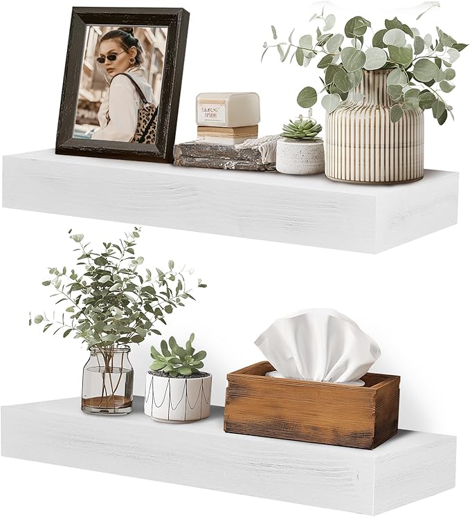 17x6.8x2 Inch Rustic Floating Shelves for Wall Set of 2 - White Solid Wood Wall Mounted Shelves with Invisible Bracket, Compact Design for Farmhouse Living Room Bedroom Kitchen Decor