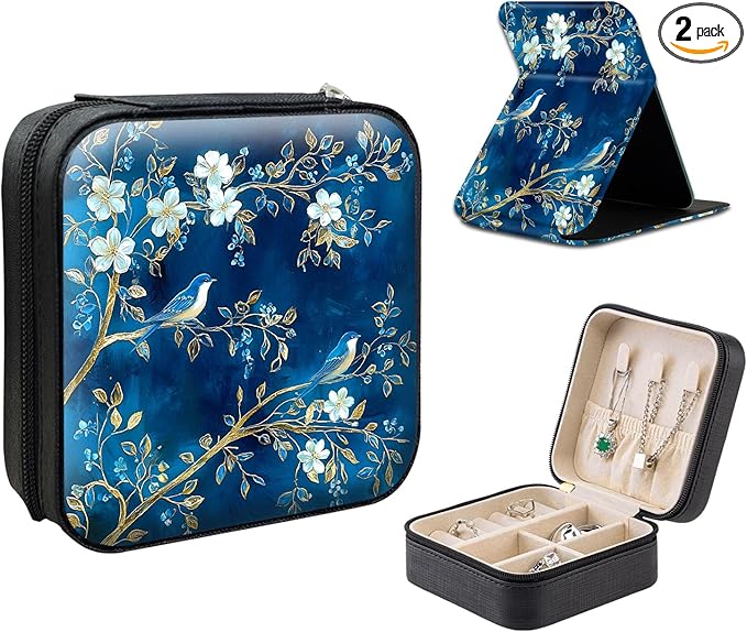 Travel Jewelry Case with Compact Mirror, Vintage Blue Birds Flowers Exquisite PU Leather Jewelry Boxes for Women, Best Gifts for People Who Travel - Dainty Jewelry Organizer
