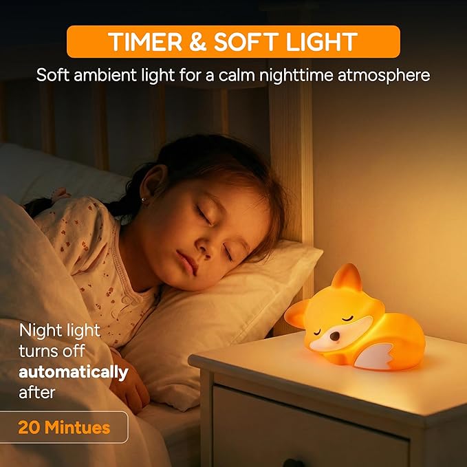Cute Fox Night Light for Kids, Silicone Baby Nursery Night Light, Rechargeable Touch Lamp with Timer & Dimmable Warm Light for Bedroom Decor, Cute Animal Lamp
