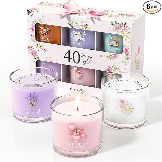 CHILLFLAME 40th Birthday Gifts for Women, Birthday Candle Gift Set for Her, 6 Scented Votive Candles, Candles Gifts for Women/Men (6 Color, 14 oz)