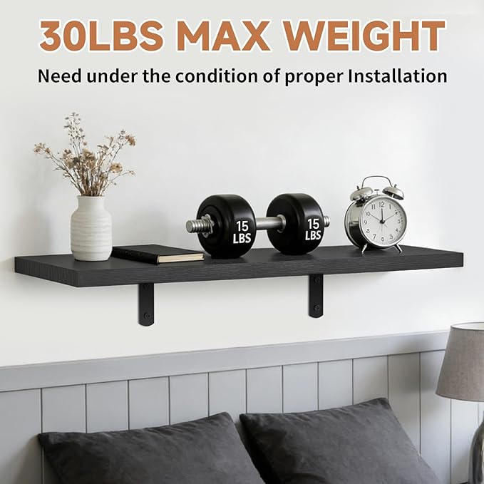 Easy Install Floating Shelves, 15.7 Inch Wall Mounted Wood Shelf,Hanging Shelf for Home Decor, Books and Storage, Small Organizer for Bedroom, Bathroom, Kitchen, Set of 3, Black