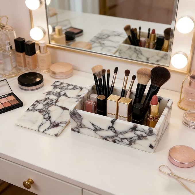 Luxury Marble Storage Box with Lid, White and Purple Veined Pattern, Decorative Organizer for Makeup Brushes, Jewelry, Bathroom Accessories (Rectangle)