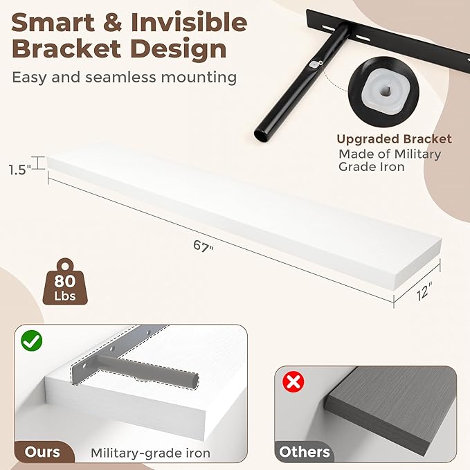 Fun Memories 12 Inch Deep Floating Shelves, 67 Inch Long Extra Large Floating Shelves for Home & Office, Wall Shelves with Invisible Bracket, White, Set of 2