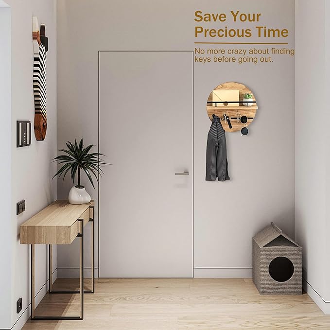 dreampossible Key Holder for Wall Decorative with Shelf and Hooks, Mail Organizer Wall Mount with Sunglasses Holder, Circular Design Entryway Key Rack Hanger, Rustic Home Decor
