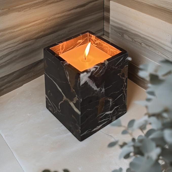 Natural Marble Stone Square Storage Container Empty Vessel Holder Cup for Candle/Pens/Sundries items (Black Brown)