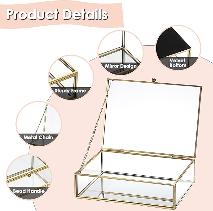 Glass Jewelry Box with Lid Golden Vintage Box with Mirror Base Decorative Case for Ring Earring Makeup Jewelry Display Organizer for Dresser, 7.3 x 5.3 x 2 Inch