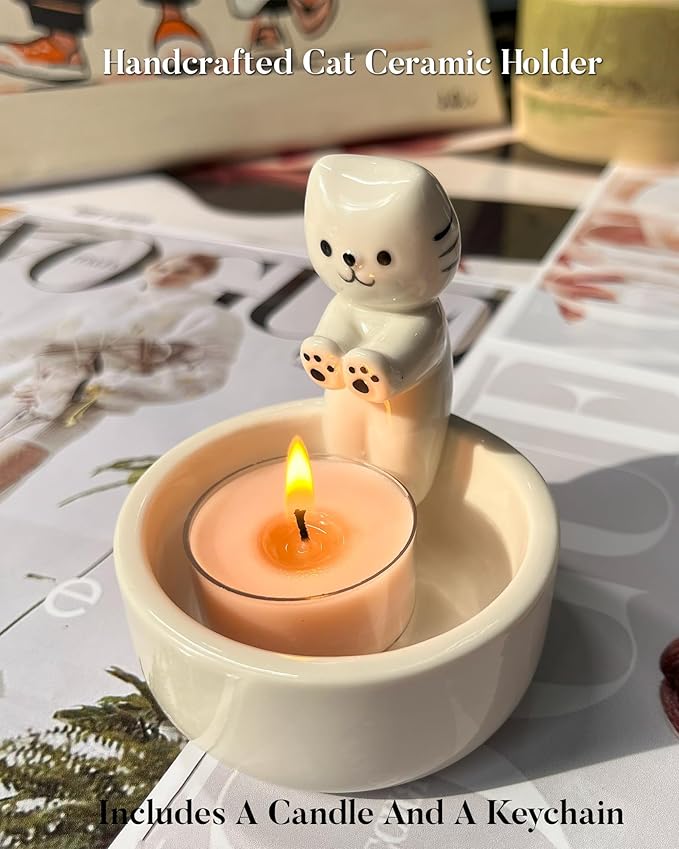 Cat Candle Holder, Cute Cartoon Kitten Scented Candles Candle Lamp, Handmade Ceramic Candlestick,Cartoon Cute Scented Candle Sticks Holder Decor, Gift for Cat Lover - Aromatherapy Candle Included