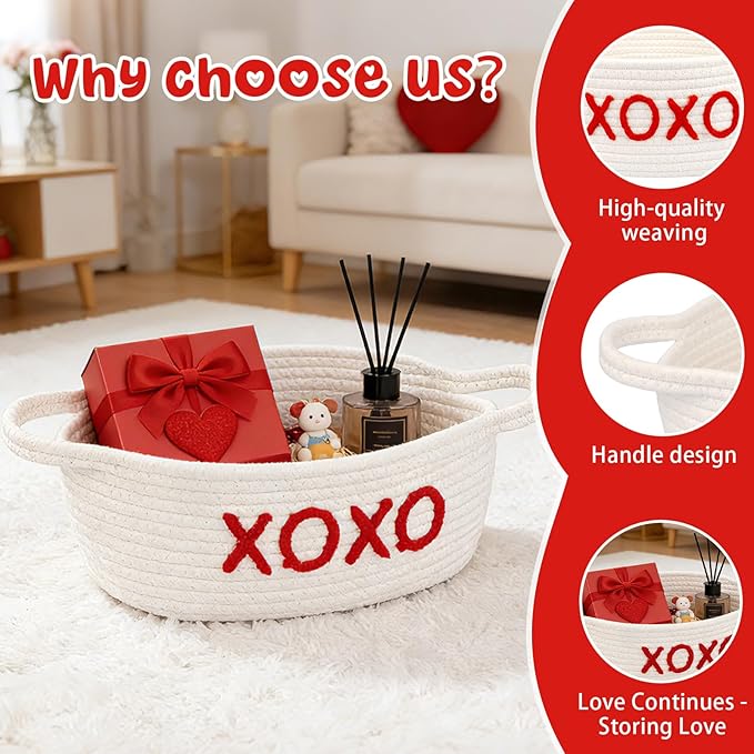 Woven Valentines Baskets for Gifts Empty with Ribbons Bow Tie and Bag, Gift Empty Decorative Box, Woven Rope Basket Storage for Gifts with Handles Home Decor (XOXO) 11" x7"x4.7"