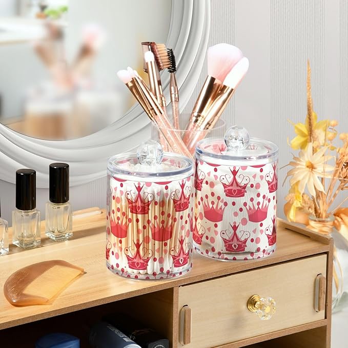 2 Pack Qtip Holder Dispenser for Cotton Ball Crown Pink Polka Dots Swab Round Pads Clear Plastic Acrylic Jar Set Bathroom Canister