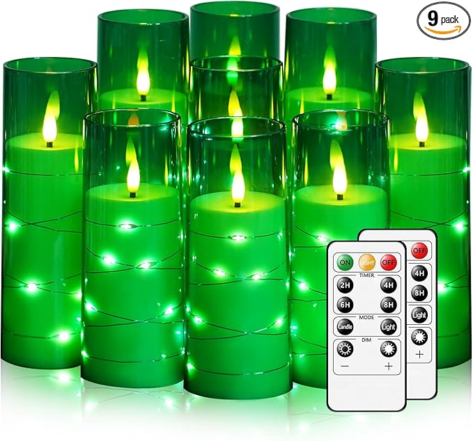 Nimiko Flickering Flameless LED Candles,Battery Operated Candles 9 Pcs with Embedded Star String,Acrylic LED Pillar Candles with Remote,Suitable for Home Decoration to Create an Atmosphere (Green)