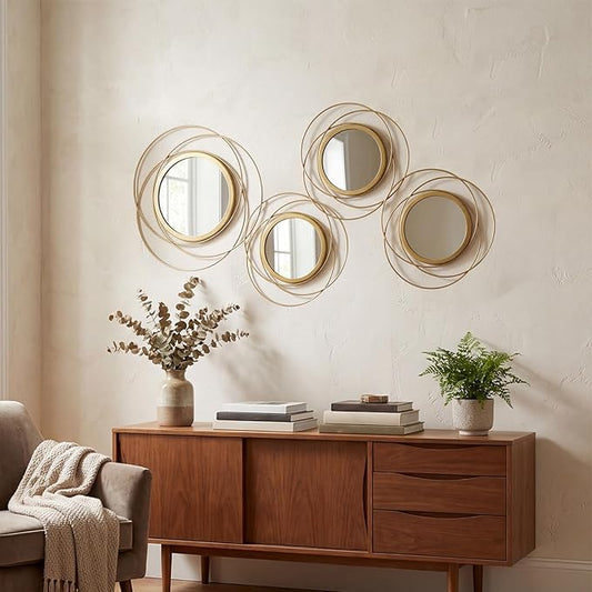 4 Piece Gold Round Wall Mirror Set Modern Metal Circle Home Decor for Living Room Bedroom Entryway 11/9 Inch Decorative Mirrors Minimalist Wall Art for Home