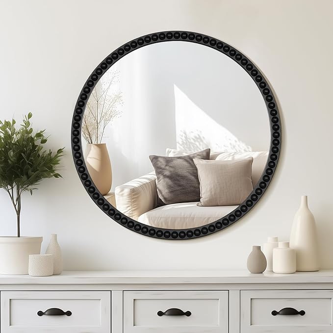 WallBeyond Round Mirrors for Wall Decor, 30'' Wall Mirror Decorative with Beaded Framed for Home Decoration Entryway Living Room Bedroom, Black