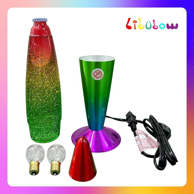 16 Inch Rainbow Glitter Lamp, 2 Bulbs,Sparkle Night Light, Relaxing Mood Lamp Home Decor Room Office Bedroom for Adults, Teens and Kids, Red Yellow Green