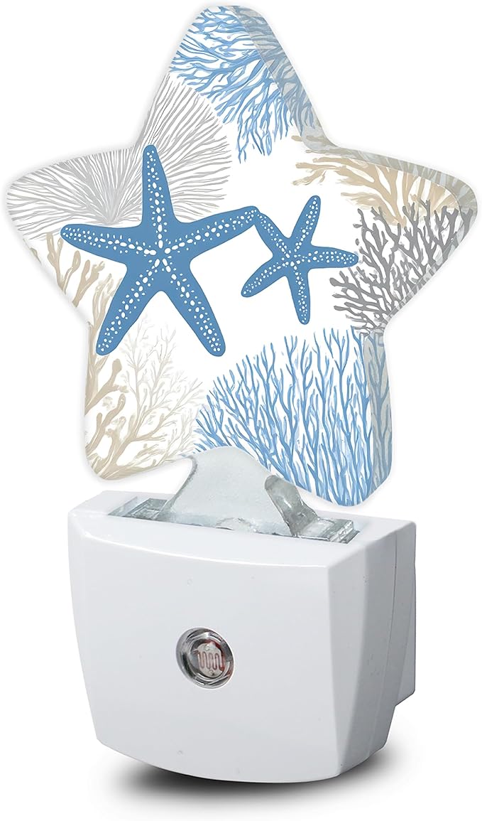Ocean Starfish Coral Night Light,Coastal Beach Plug-in Star Night Lights with Dusk-to-Dawn Sensor for Bedroom,Bathroom,Living Room Sleep Friendly Lamp for Women Girls Boys Gift,0.5W