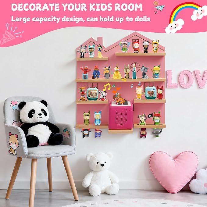 Gieanoo Large Tonie Shelf for Toniebox,for Toniesbox 1 and Toniebox 2 Tonie Shelf Wall Mounted Magnetic Pine Wooden Floating Shelves Compatible with Tonie Box Player Tonie Figures Storage(Pink)