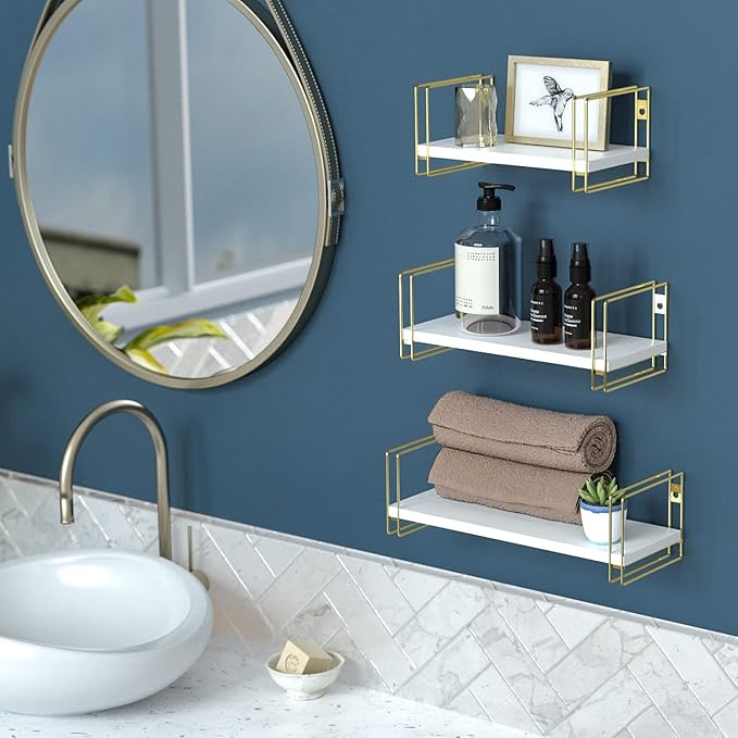 J JACKCUBE DESIGN White Wood Floating Shelves, Set of 3 Wall Mounted Hanging Shelves with Gold Wire Frames for Bedroom. Living Room, Kitchen, Bathroom and Office - MK696C