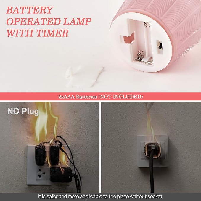 Small Battery Operated Lamp with Timer, Tiny Cordless Glass Table Lamp for Home Decor, Kitchen, Bathroom, Birthday Gift for Women, Cream Pink