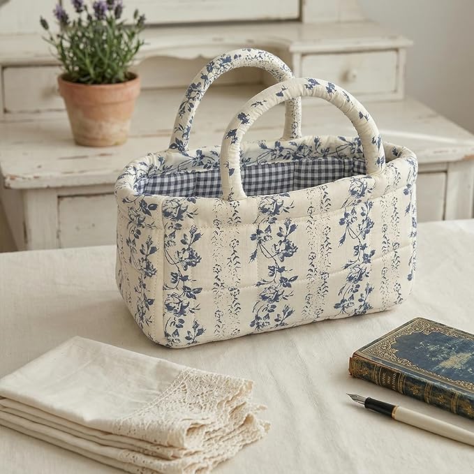 Mini Boho Fabric Storage Baskets – Decorative Small Floral Organizer Boxes with Soft Handles – Foldable Cube Bin for Diaper