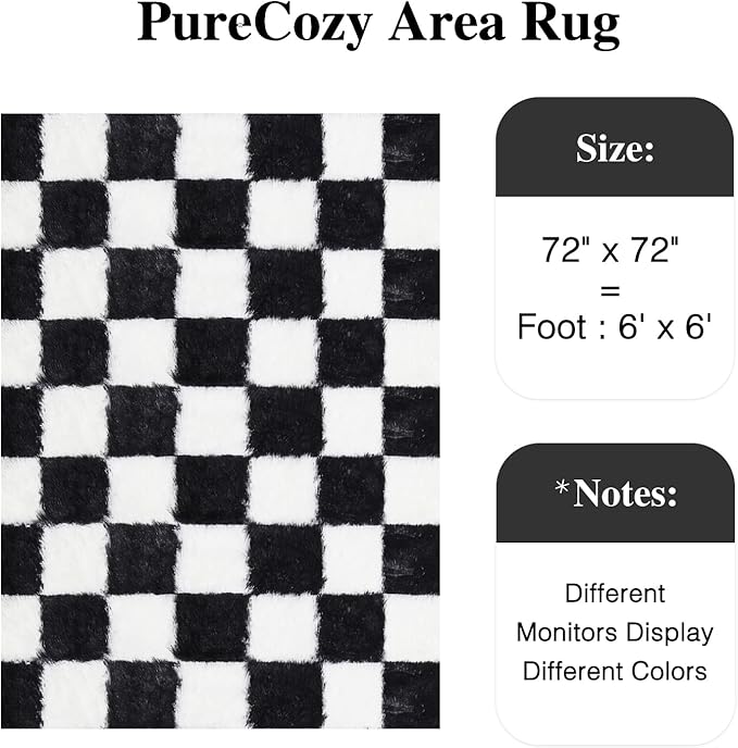PureCozy Checkered Round Rugs 6ft for Living Room, Black and White Modern Shag Rugs Super Soft Washable Fluffy Indoor Office Carpet for Bedroom Home Dorm Aesthetic Decor