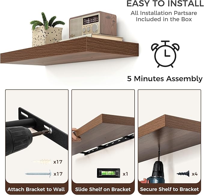 Venusmiles Floating Shelves for Wall, Engineered Wood Wall Shelves with Invisible Brackets for Living Room Bedroom Bathroom Office Kitchen Decor and Storage (Walnut, 72" W x 9" D x 1.5" H) Set of 1