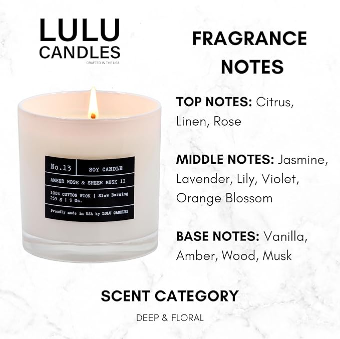 Lulu Candles | Amber, Rose & Sheer Musk II | Luxury Scented Soy Jar Candle | Hand Poured in The USA | Highly Scented & Long Lasting- 9 Oz. 2 Pack