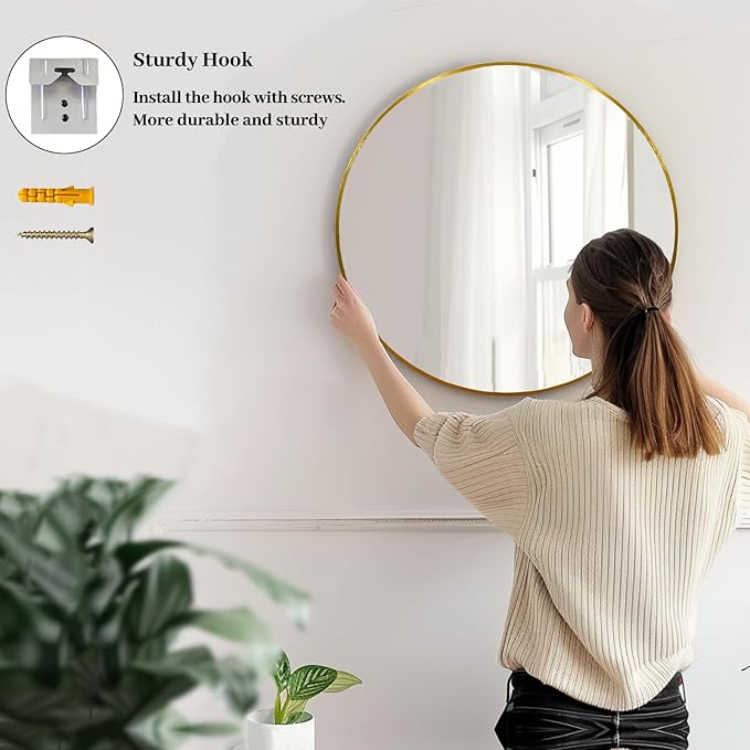 Sunniry Gold Round Mirror, Circle Mirror 26 inch, Gold Circle Mirrors Metal Frame, Round Mirrors for Wall, Living Room, Bathroom, Entryway, Rustic.
