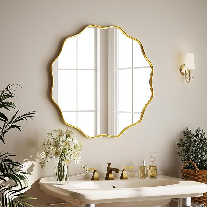 Round Wavy Mirror - 30 Inch Bathroom Vanity Mirror Metal Frame Circle Wall Mounted Mirror for Bedroom Living Room Entryway, Gold