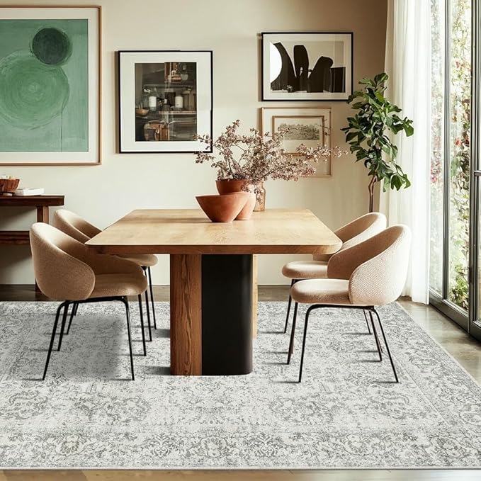 Rugxara Washable Area Rug for Living Room, Neutral Vintage Boho Rugs for Office, Dining Room, Kids Room, Farmhouse, Durable Low Pile Non Slip Carpet for High Traffic Areas, Light Grey(4x6 ft)