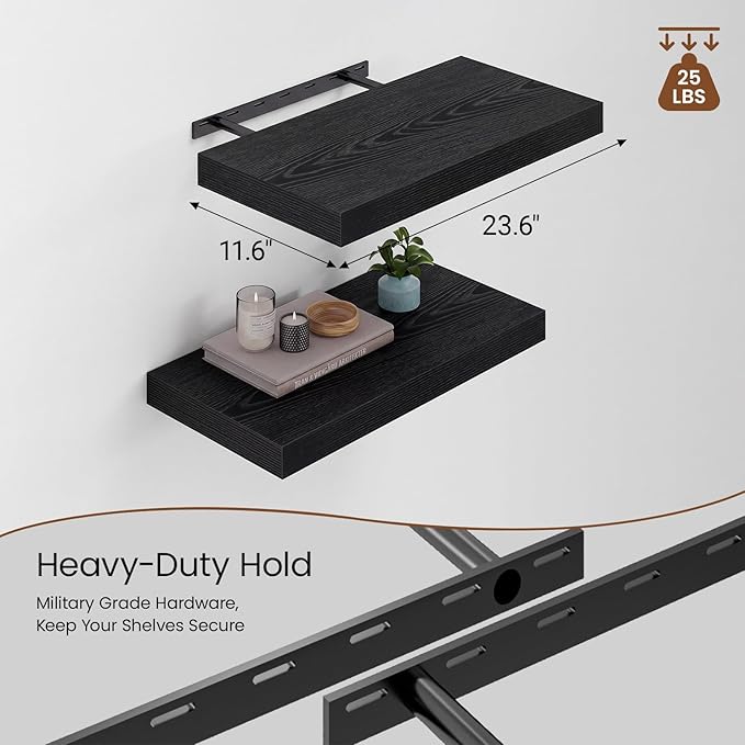 Heimlove 12" Deep Black Floating Shelves for Wall, 24 Inch Shelf Bathroom Shelves Set of 2, Mounted Shelves for Books Living Room Laundry Room Bedroom Kitchen Home Office