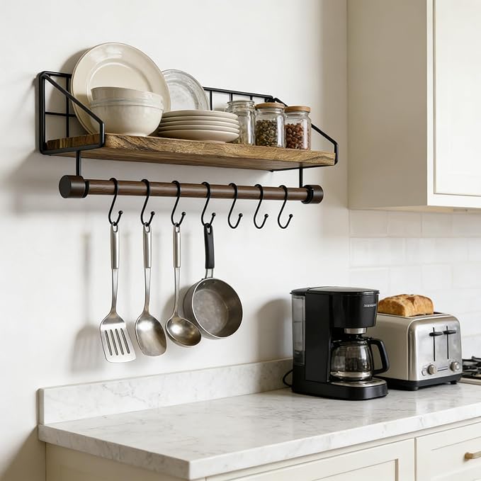 Alsonerbay Floating Shelves Wood Shelves for Wall, Rustic Wood Kitchen Shelf with Towel Bar and 8 Removable Hooks for Hanging Cooking Utensils or Mugs