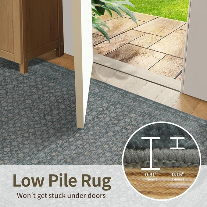 Area Rugs 5x7, Washable Rugs for Living Room, Vintage Boho Light Blue Rug for Dining Room, Dining Room, Kids Room and Farmhouse, Durable Low Pile Non-Slip Area Rug for High Traffic Areas(Blue)
