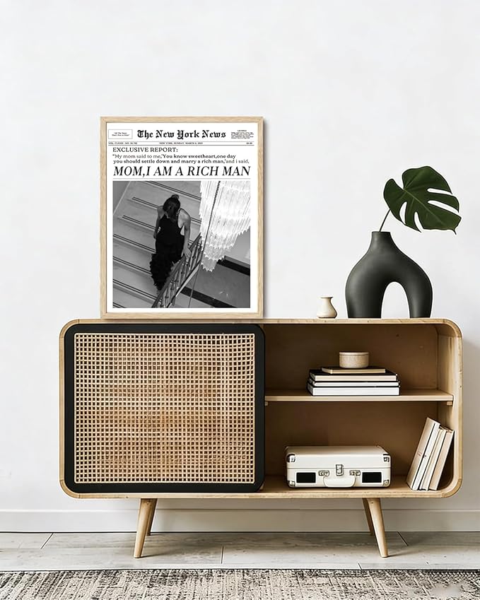 Bwodke OAK Wood Framed Wall Art Mom I Am a Rich Man Canvas Art Trendy Newspaper Pictures Independent Women Wall Decor Vintage Magazine Prints Funky Girl Artwork for Girly Dorm Bedroom 16"x20"