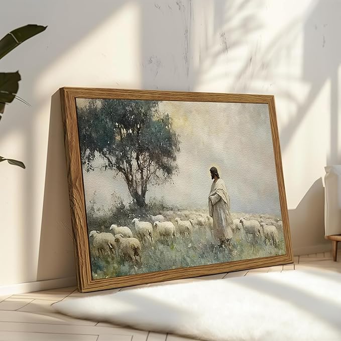 Jesus Leaves the 99 Sheep Wall Art, Frame 3D Textured Hand Drawn Sandstone Christian Wall Decor Paintings, Lost Lamb Religious Artwork for Living Prayer Room Bedroom 16x24 inch Framed