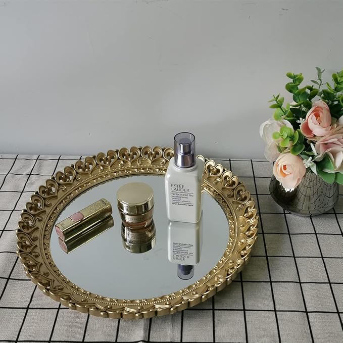 YANIZU Decorative Mirror Tray, Round Hollowed Out Design, Organizer for Makeup, Jewelry, Perfume, Vintage Display and Serving Tray for Dresser, Counter and Coffee Table, 12inchesX 12inches, Gold