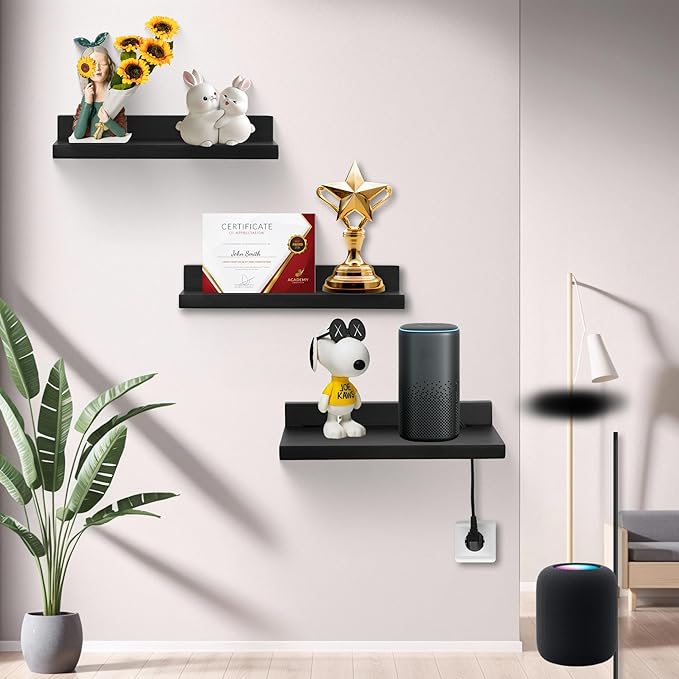 Small Floating Shelf for Wall,9X5 Inch Wall Mounted Shelf with Cord Hole,Small Display Shelves for Cameras, Webcam, Router,Smart Speaker,Action Figures-2 Pcs(Black