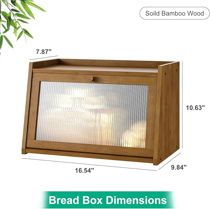 kiplant Bread Box for Kitchen Counter, Large Bamboo Bread Storage Container with Wavy Arcylic Door, Bamboo Wooden Farmhouse Bread Box for Your House (Brown, Medium)