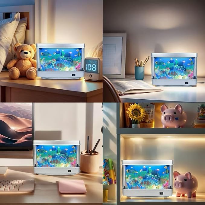 Fake Fish Tank Lamp - Moving Aquarium Night Light with Virtual Ocean Effect, 80s Retro Design for Adult Relaxation, Artificial Aquarium Decorative Lamp for Kids' Room and Cat Owners(US Plug)
