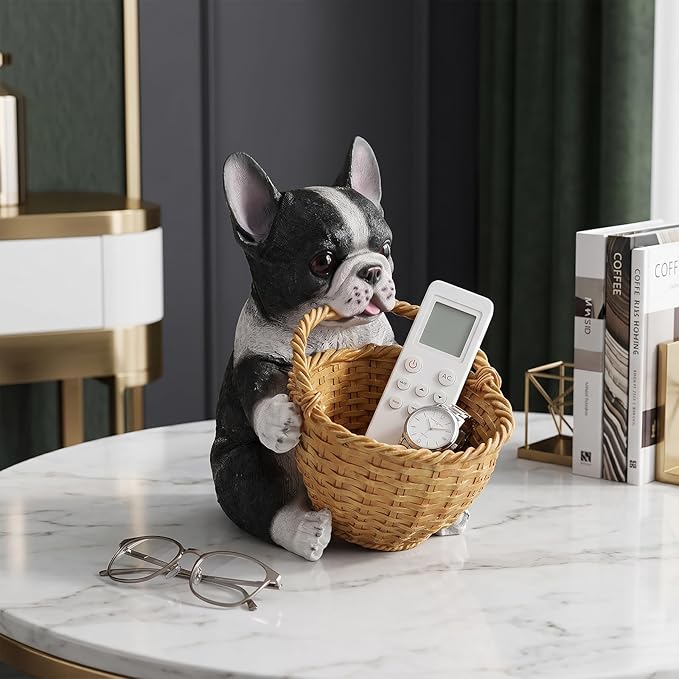 Dog Resin Storage Basket, Desktop Organizer for Remote & Keys, Cute Home Decor Tray, Ideal present for Pet Lovers.(French Bulldog Biting Basket)