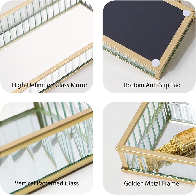 2pcs Mirror Storage Tray, Vertical Striped Glass Jewelry Storage Box, Perfume and Makeup Tray, Suitable for Dressing Tables, Bathrooms, and Bedrooms
