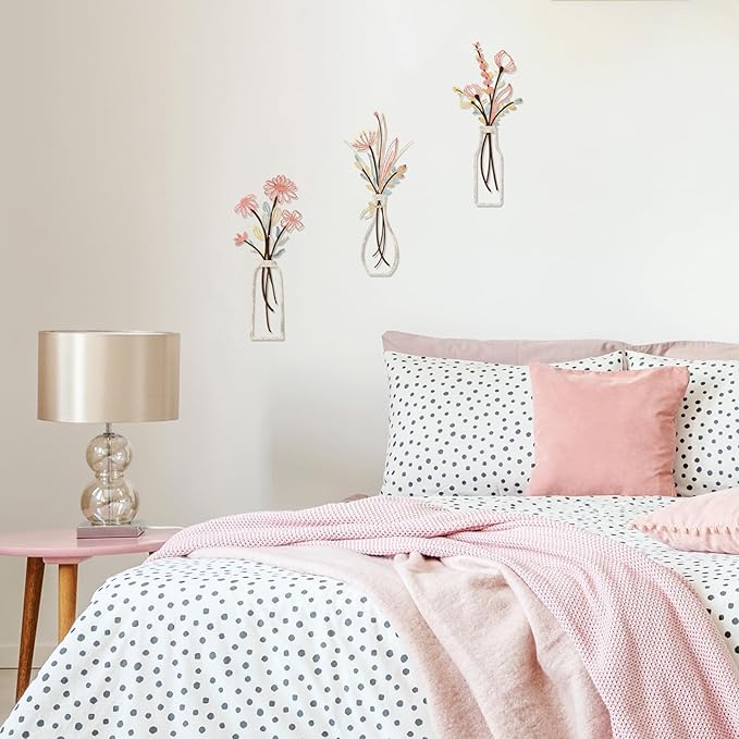 Pigort 3 Pieces Metal Flowers Wall Arts - Rustic Farmhouse Style Décor Metal Wall Art Black Minimalist Flower Natural Themed Wall Decors for Home Bedroom Dining Room Housewarming (Pink Beige)