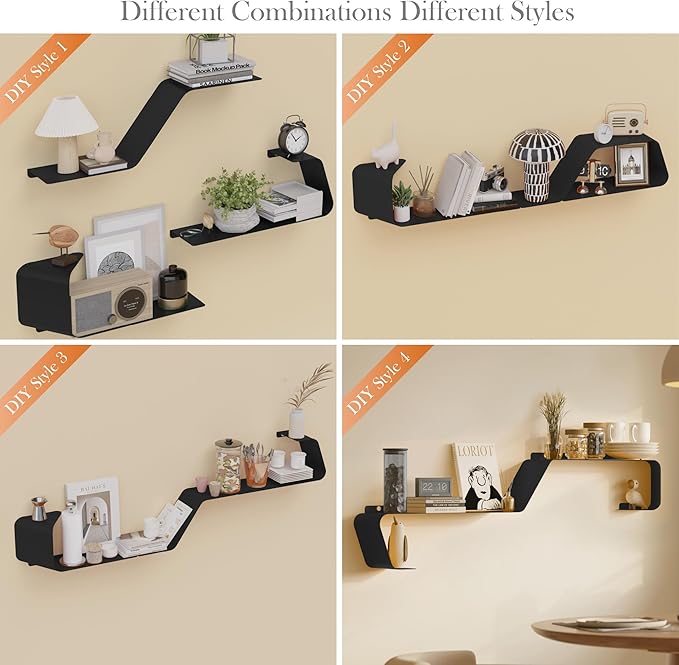 Sttoraboks Floating Shelves, Set of 3 Wall Mounted Metal Shelves with Unique Design for Wall Storage, Book Shelf, Display Shelves for Bathroom Bedroom Kitchen Living Room, Black