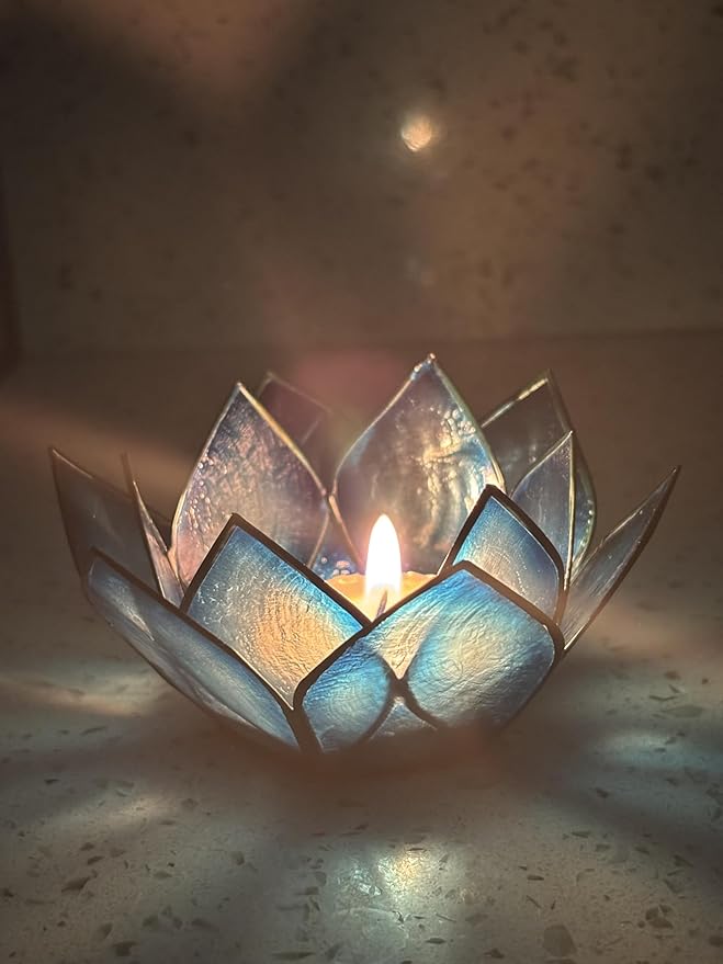 Om Gallery Capiz Shell Lotus Flower Decor Tealight Candle Holder for Serene Ambiance -Decorative Natural Shell Mini Candle Holders for Meditation, and Relaxation, Dark Blue